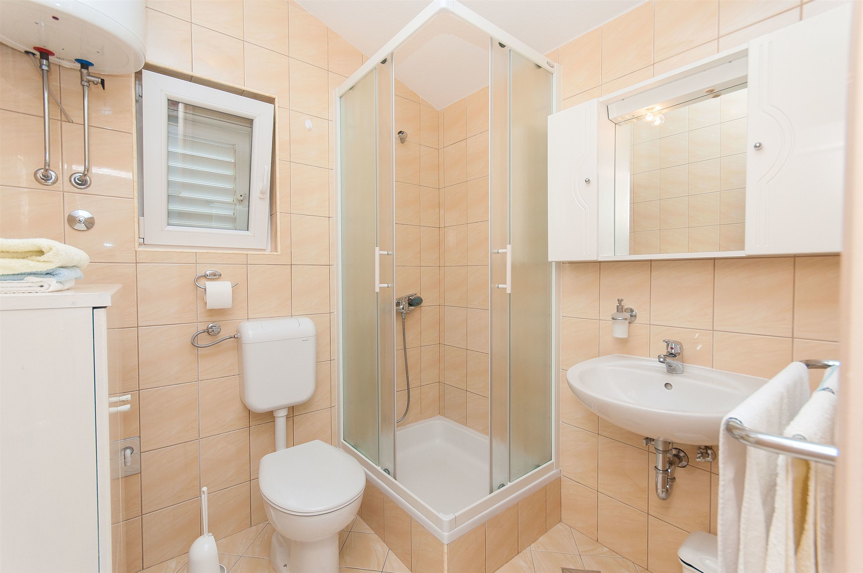A modern bathroom with a glass-enclosed shower, a toilet, a sink, and a mirror.