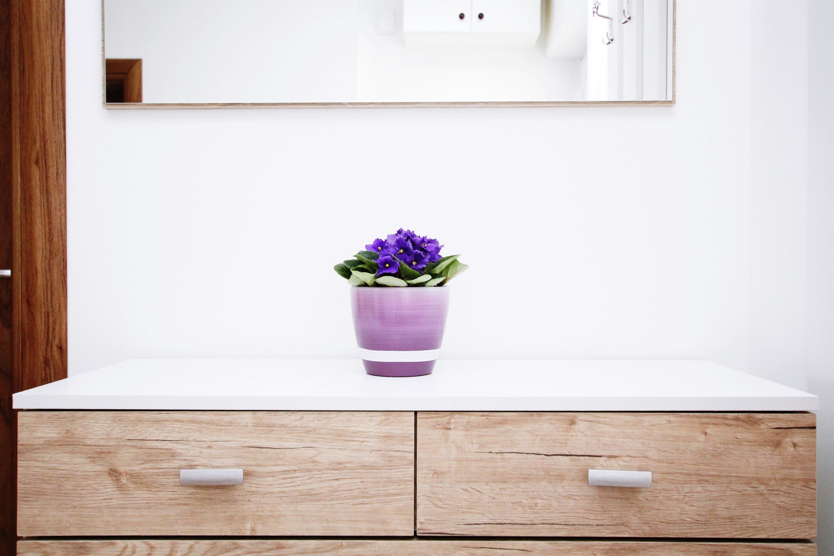 Eine weiße Arbeitsplatte mit einem violetten Blumentopf und einem Spiegel darüber.