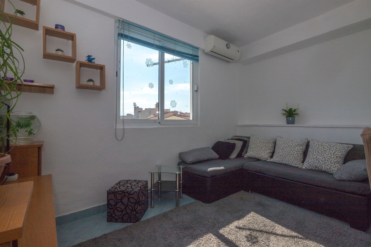 A modern living room with a sectional sofa, a small side table, a glass coffee table, and a potted plant.