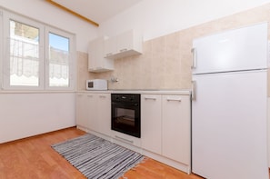 Fridge, microwave, stovetop, espresso maker