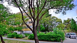 A residential area with a tree-lined street, a parked car, and a building with multiple balconies. - Apartment Sunny (Split)