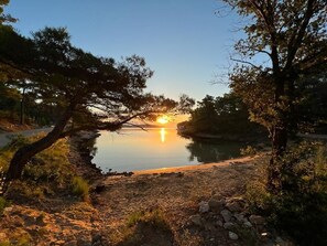 A natural landscape with a body of water, trees, and a clear sky. - Apartments Fran (Vrboska)