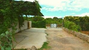 Un patio empedrado con un muro de piedra, una reja de metal y vegetación.