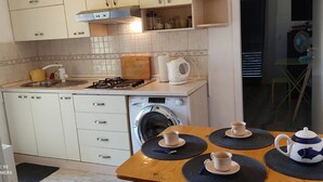 A compact kitchen with a washing machine, a gas stove, and a sink. - Apartments Fran (Vrboska)