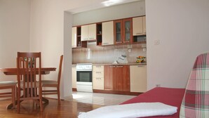 A compact kitchen with wooden cabinets and a built-in oven. - Apartment Anton (Slatine)