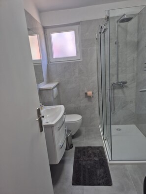 A modern bathroom with a glass-enclosed shower, a toilet, and a sink.