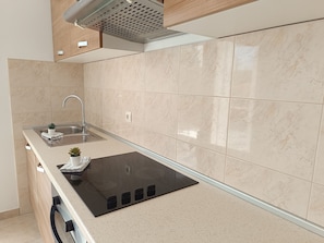 Apartment (A2) | Private kitchen | Fridge, oven, stovetop, cookware/dishes/utensils