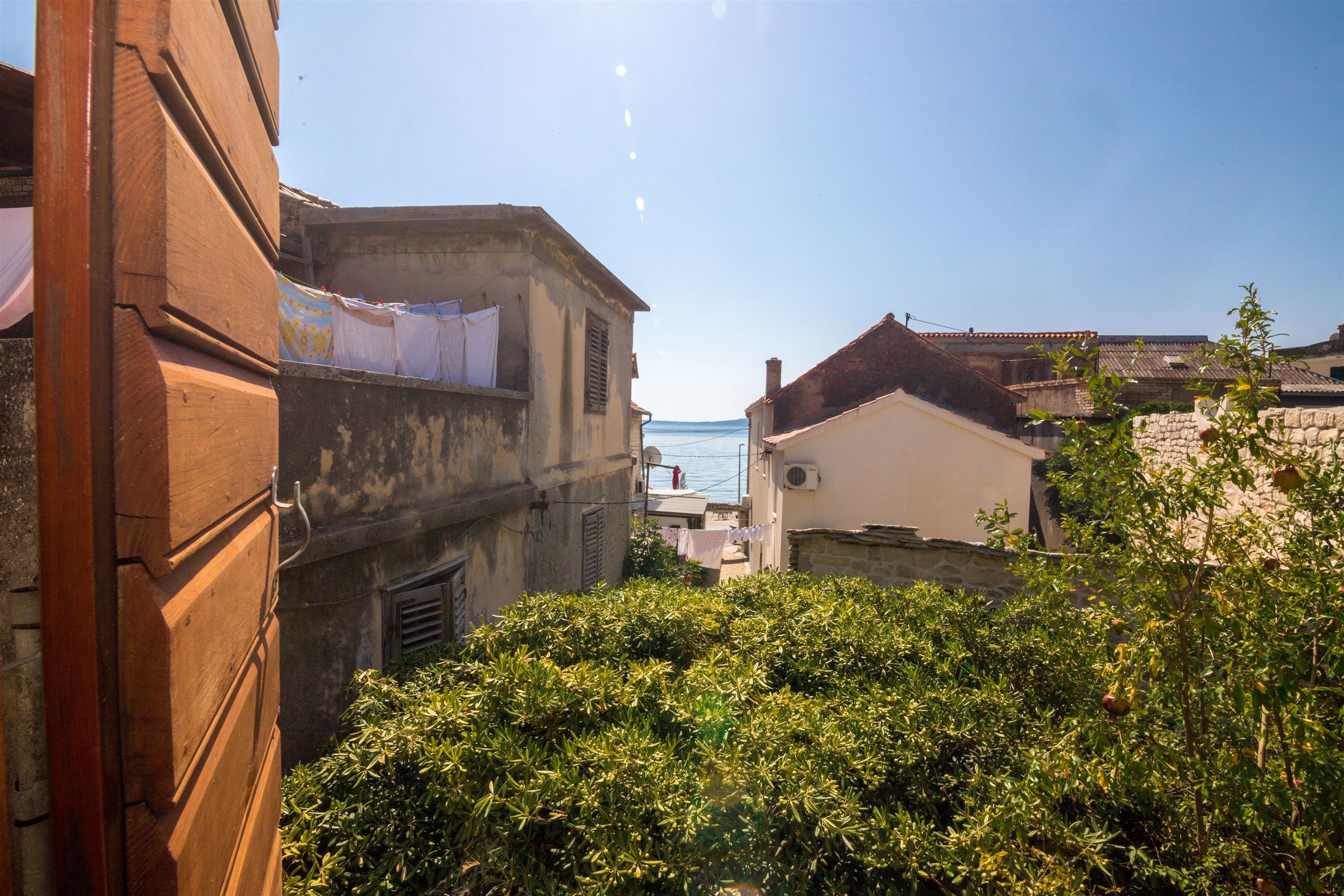 A narrow street with buildings on either side, a view of the sea in the distance, and dense greenery in the foreground.