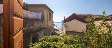 A narrow street with buildings on either side, a view of the sea in the distance, and dense greenery in the foreground.