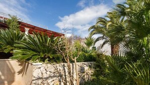 Un giardino curato con palme, un muro in pietra e un edificio rosso sullo sfondo.