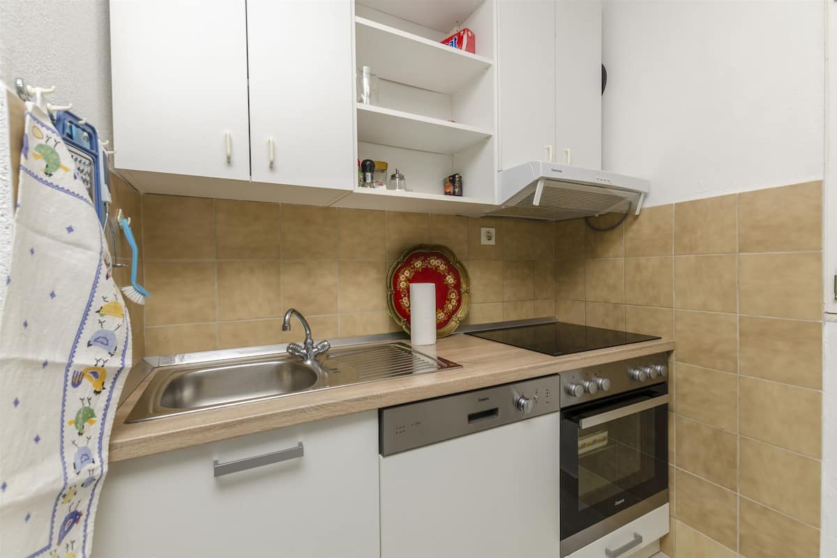 A kitchen with a dishwasher, stove, and a sink.