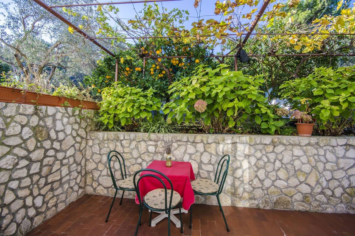 Un muro in pietra con un tavolo e sedie, circondato dal verde e da un pergolato con frutti gialli.