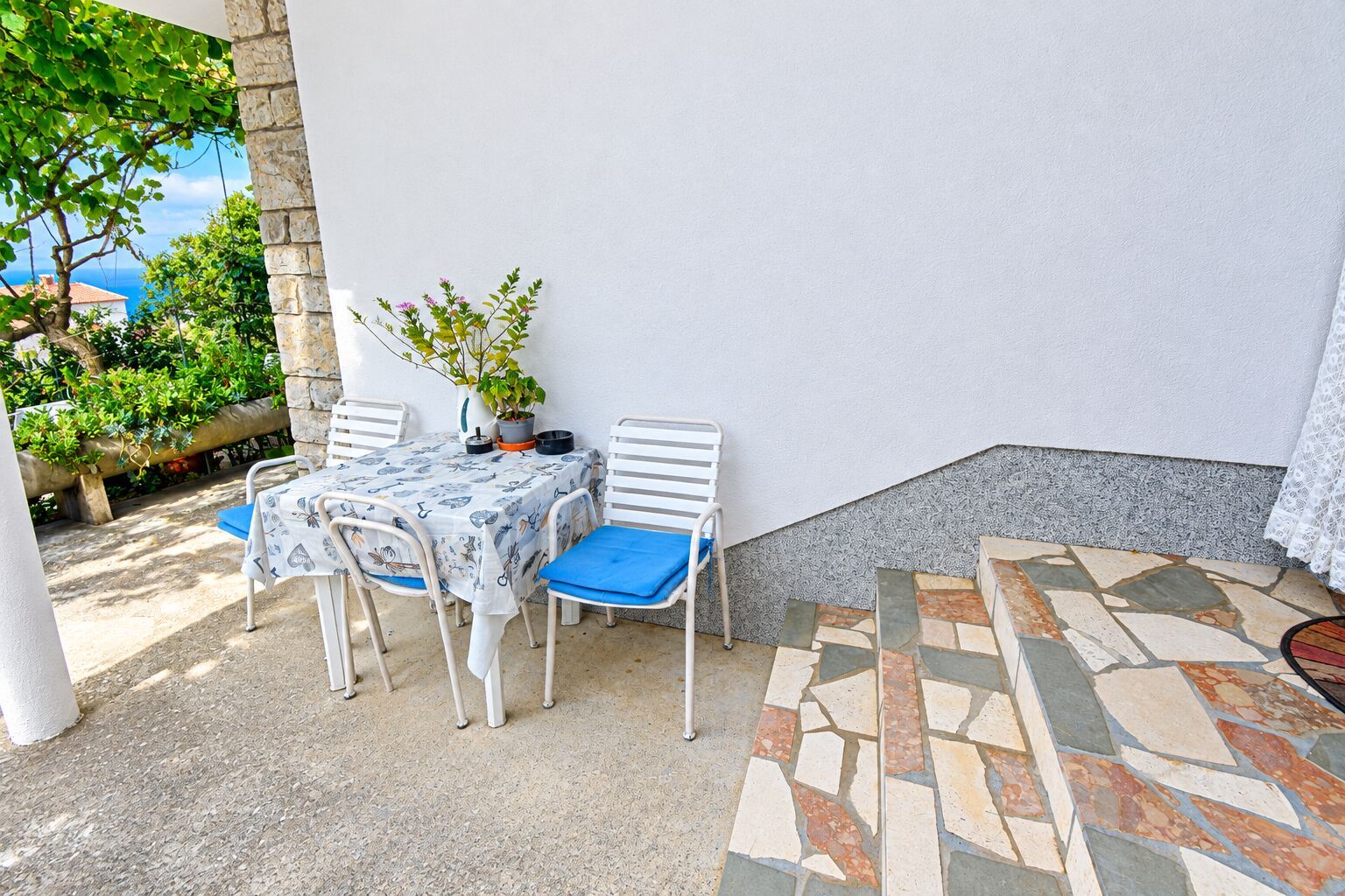 A patio with a table and chairs, a potted plant, and a view of the sea.