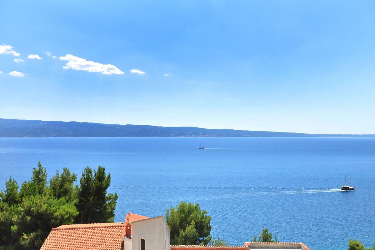 A coastal view with a clear sky, calm sea, and distant land.