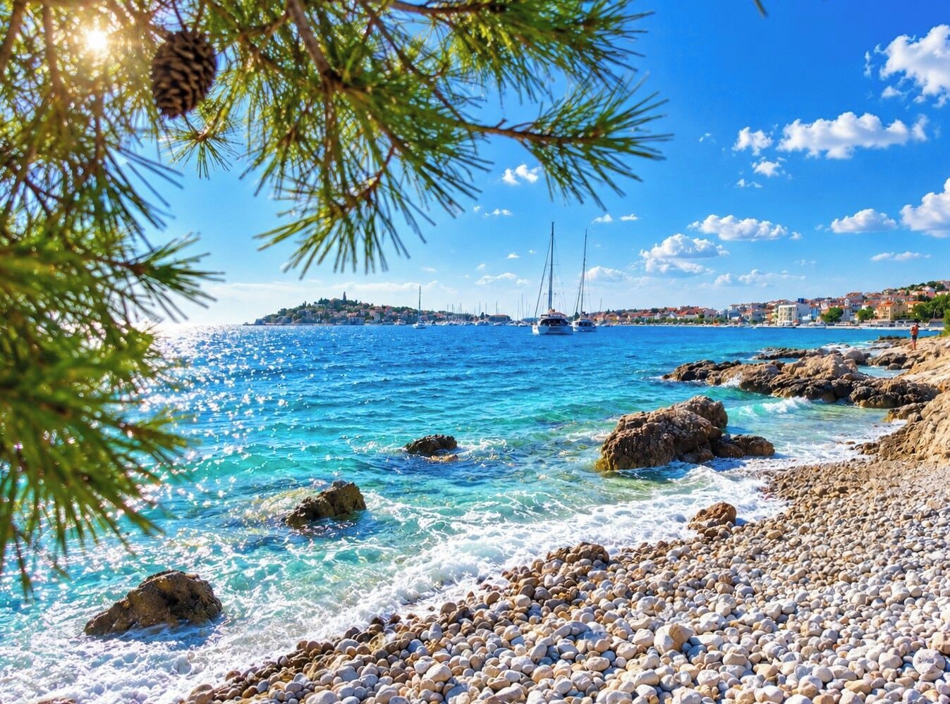 A coastal scene with clear blue waters, pebbly beach, and distant buildings.