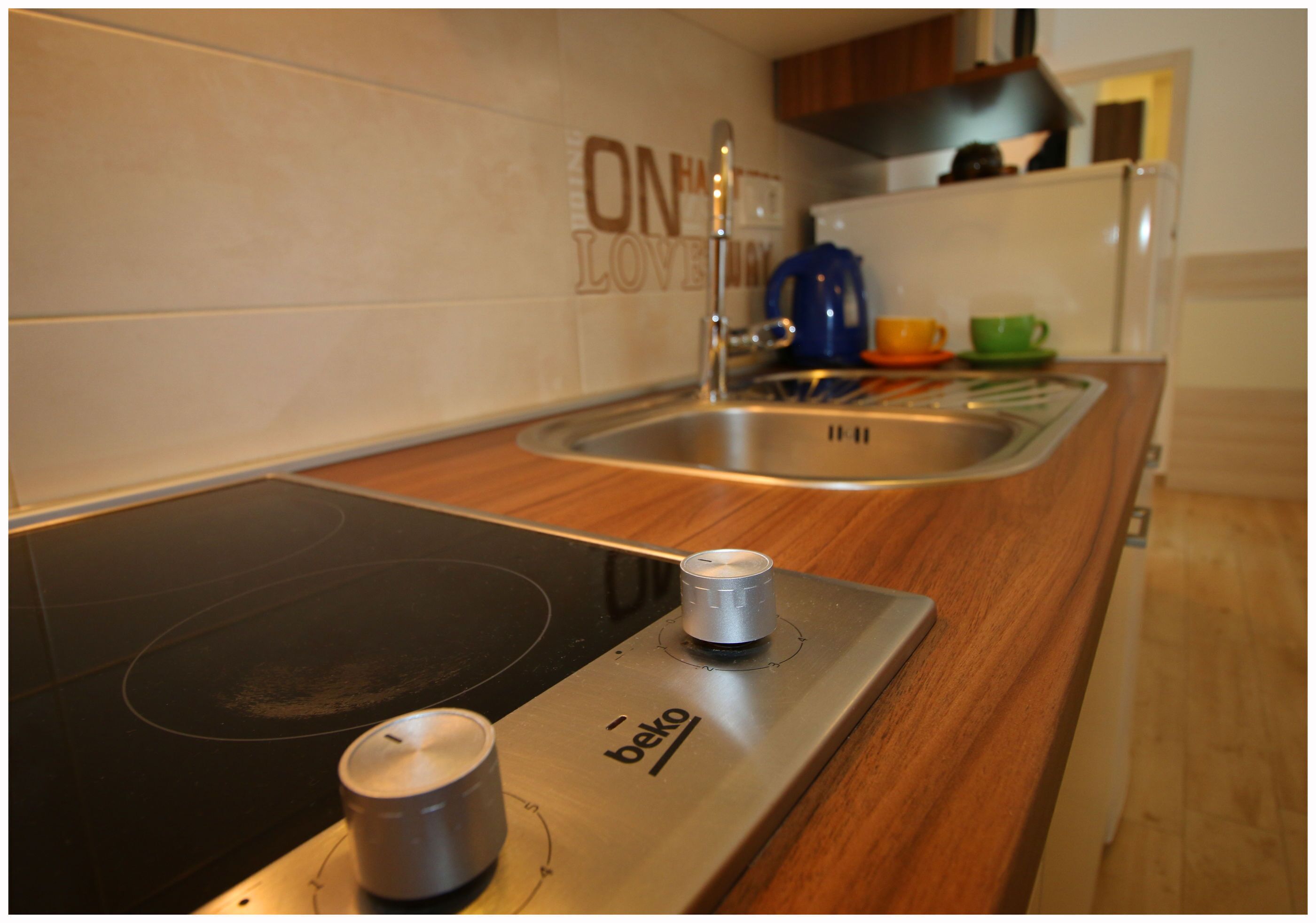 A kitchen with a black induction cooktop, a stainless steel sink, and a wooden countertop.
