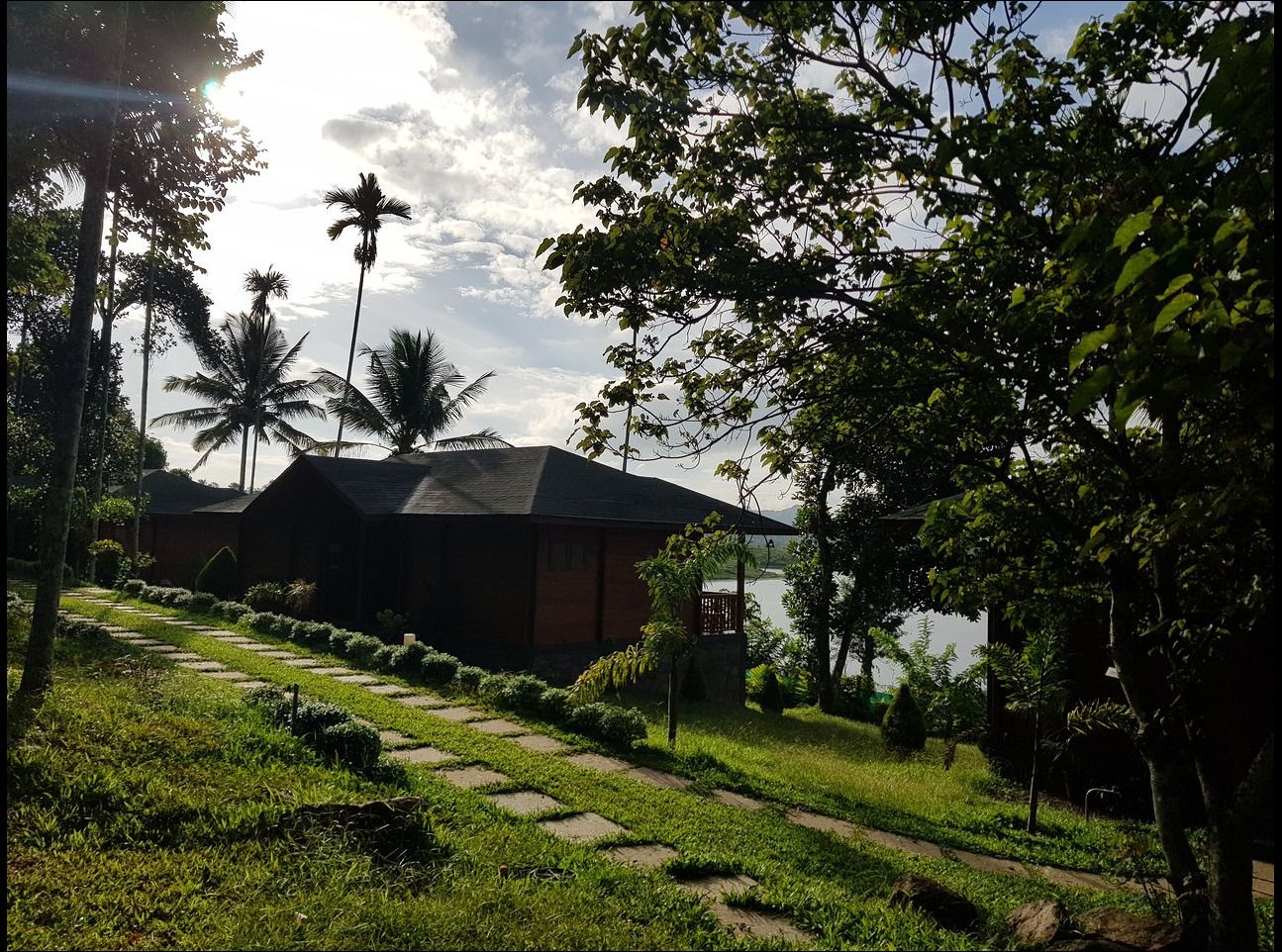 A bungalow with a thatched roof, surrounded by lush greenery and palm trees, near a body of water.