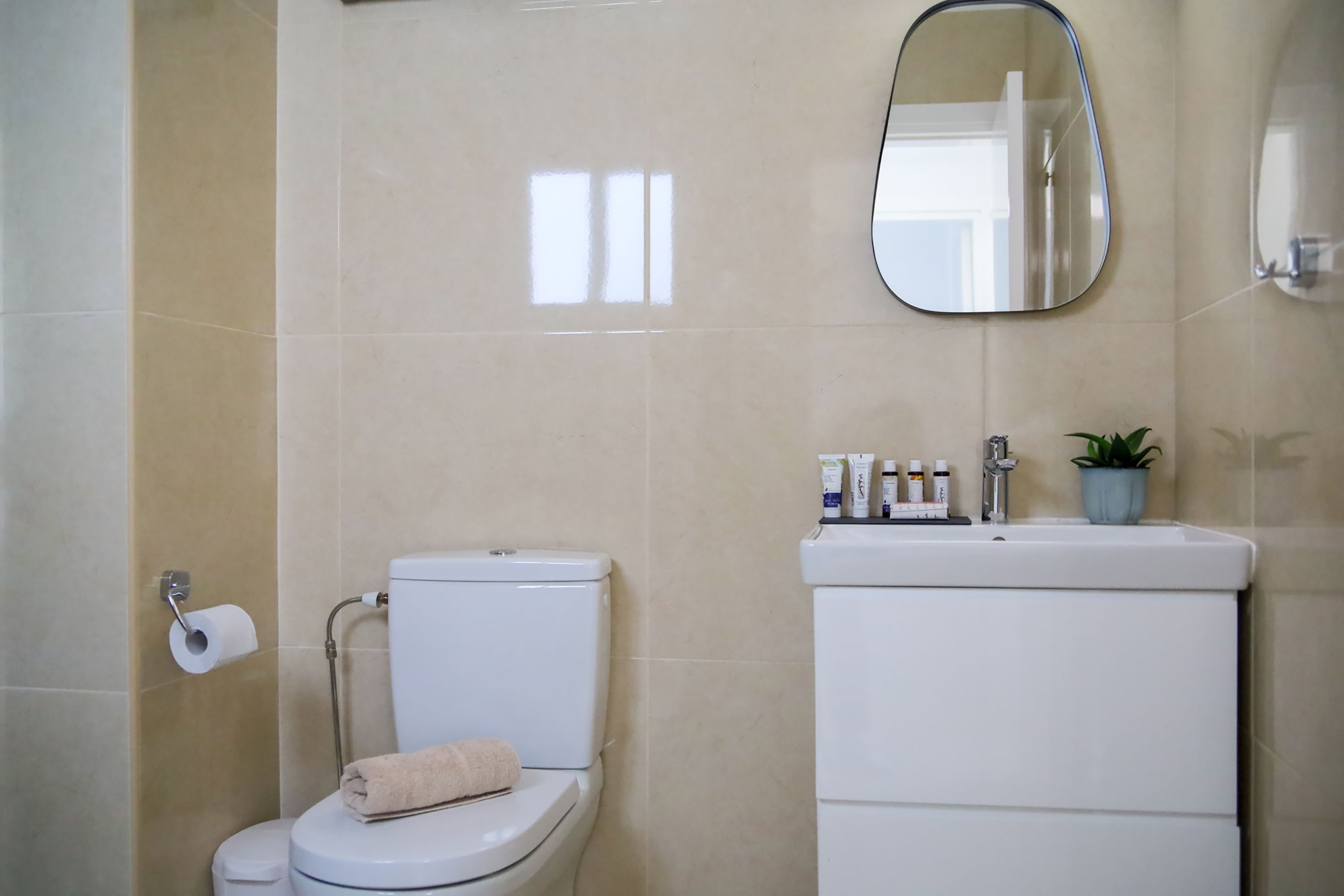 A bathroom with a toilet, a sink, a mirror, and toiletries on the sink.