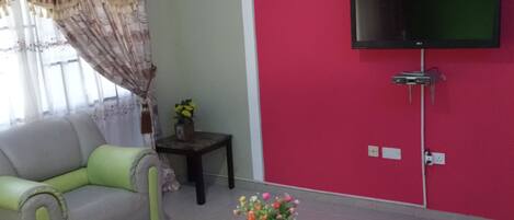 A living room with a sofa, a coffee table with a vase of flowers, a flat-screen TV mounted on a red wall, and a ceiling fan.