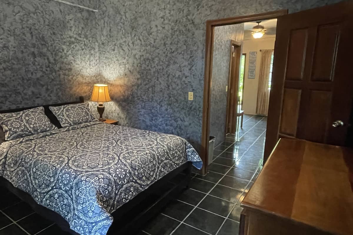 A bedroom with a patterned bedspread, two bedside lamps, and a door leading to another room.