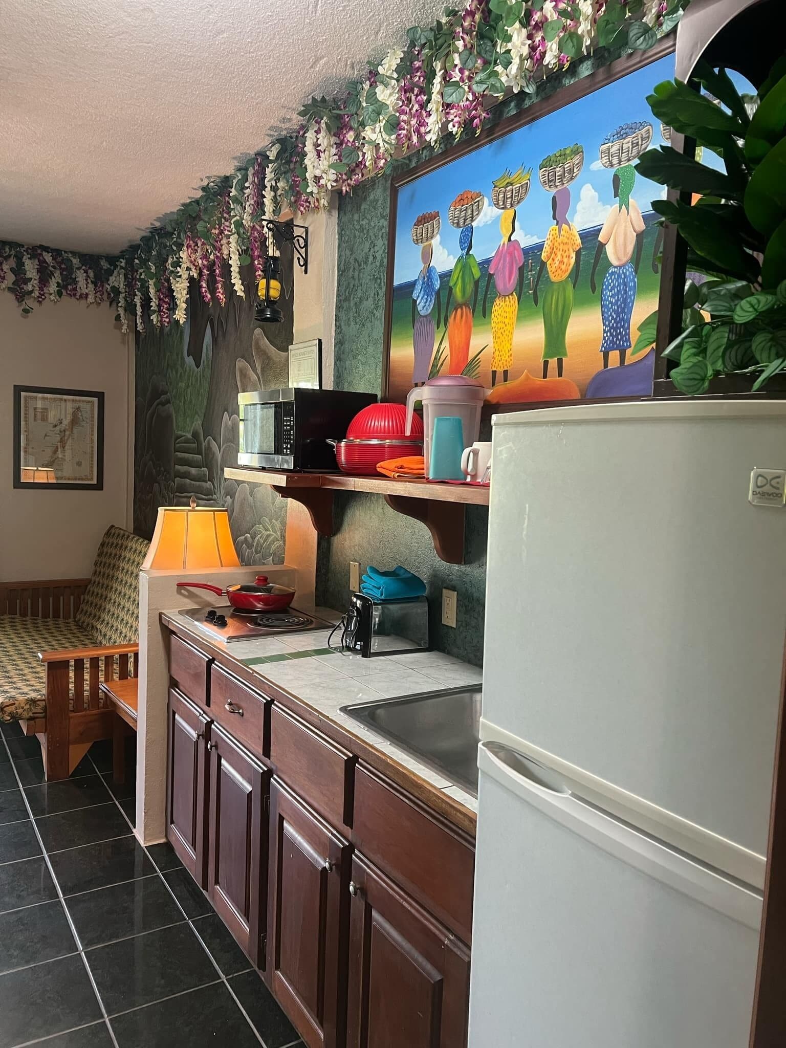 jungle grotto room | private kitchen | fridge, microwave, coffee/tea maker, toaster