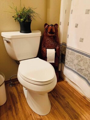 Combined shower/bathtub, hair dryer, towels, soap