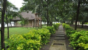 A stone pathway leading to a thatched-roof structure surrounded by lush greenery. - Ntoroko Game Lodge (Ntoroko)