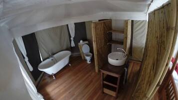 Deep soaking tub, rainfall showerhead, hair dryer, towels