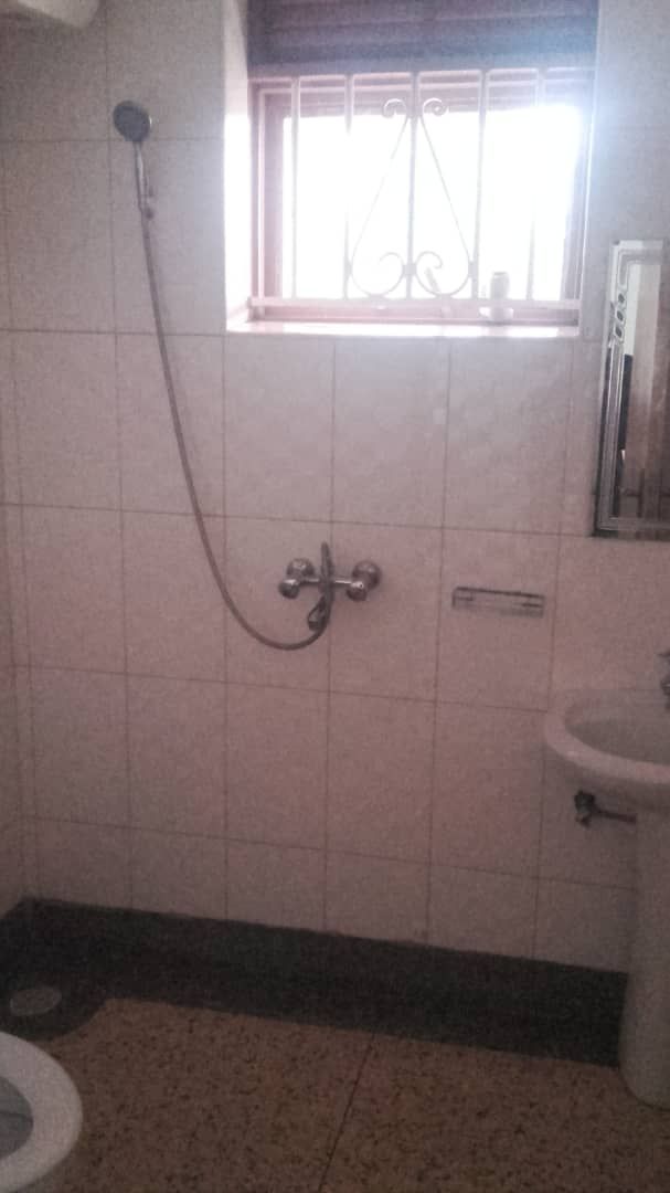 A bathroom with a shower, a window, and a sink.
