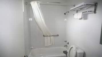 Combined shower/bathtub, soap, shampoo, toilet paper