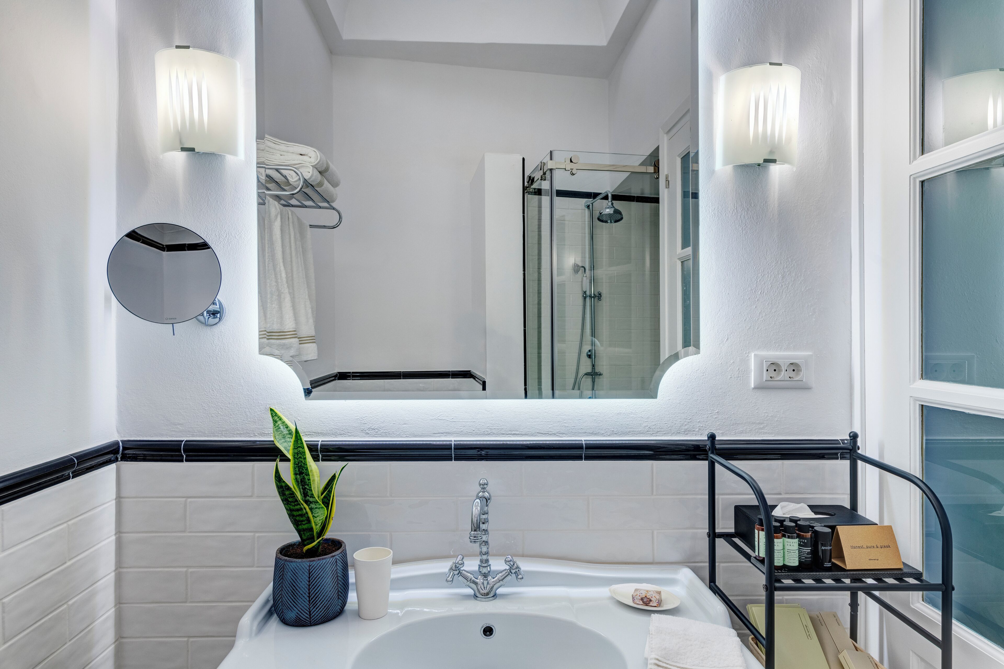 A modern bathroom with a white sink, a mirror, a potted plant, and a shower area.