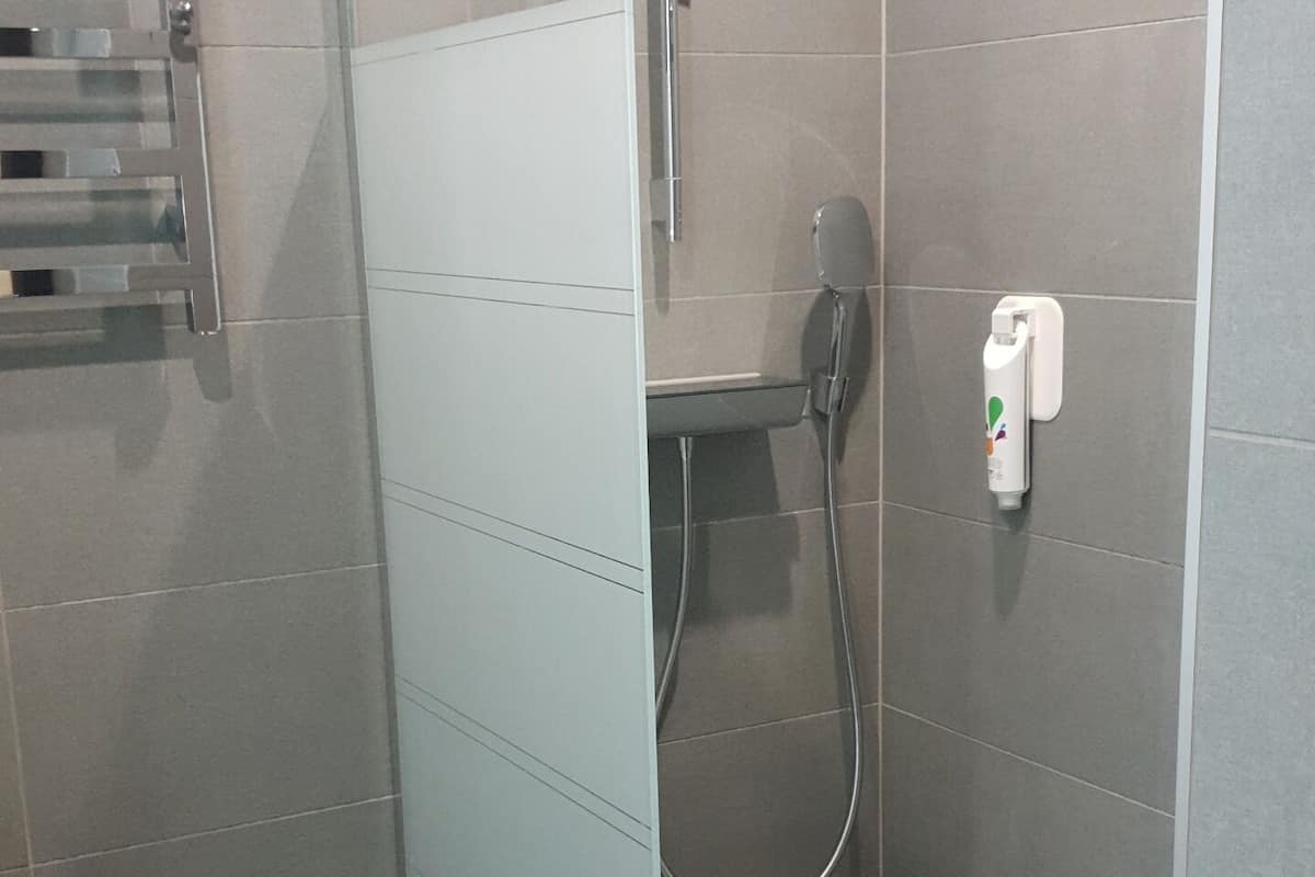 shower, eco-friendly toiletries, hair dryer, towels