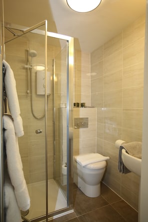 A modern bathroom with a glass shower enclosure, a toilet, and a sink. - The Cordelia (Scarborough)