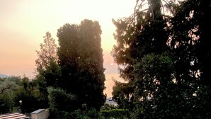 A white car parked in a driveway with a view of trees and a body of water in the background. - Apartment in a residence on the shores of Lake Garda (Pai)