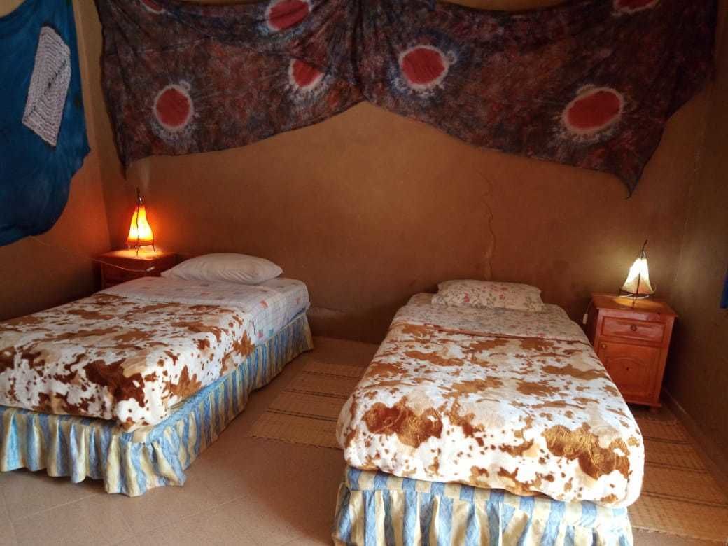 A room with two beds, each with a patterned bedspread, a nightstand with a lamp, and a tapestry on the wall.