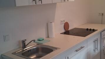 Apartment (F2) | Private kitchen | Fridge, microwave, stovetop, coffee/tea maker