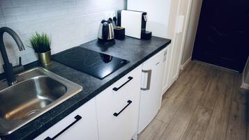 Fridge, microwave, stovetop, espresso maker