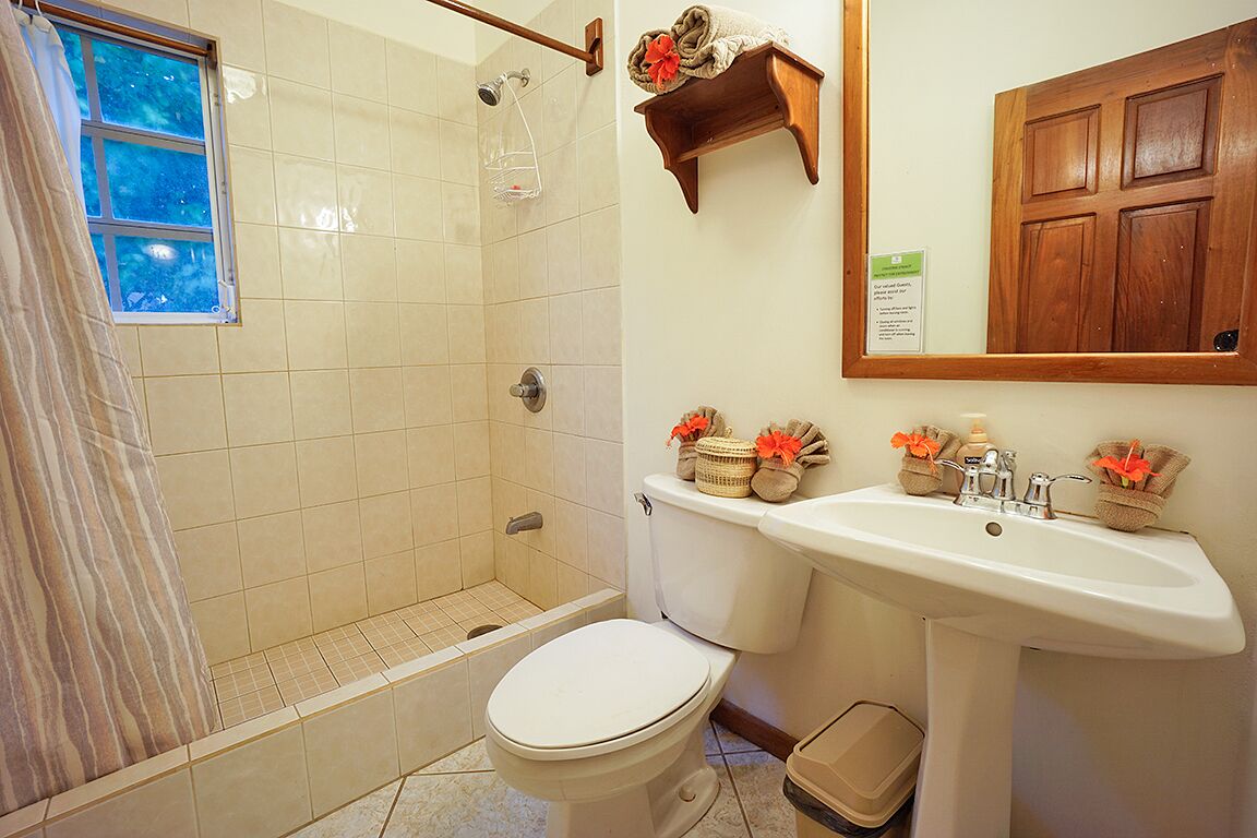 Een badkamer met een douche, toilet, wastafel en een raam.