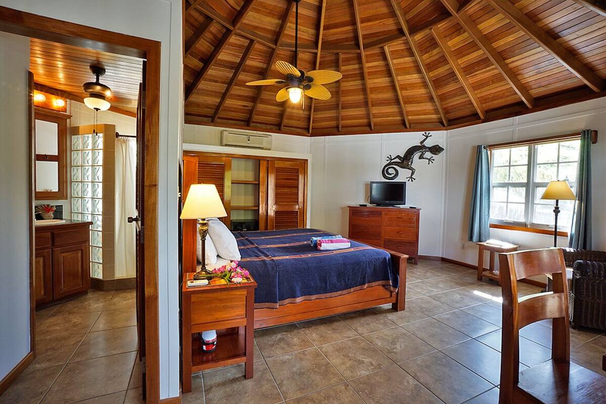 A bedroom with a wooden ceiling, a bed with a blue bedspread, a nightstand with a lamp, a dresser, and a television on a stand.