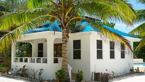 Un bâtiment blanc surmonté d’un toit bleu, entouré d’une zone sablonneuse et de palmiers.