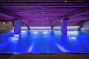 Indoor pool, open 8:00 AM to 9:30 PM, pool loungers