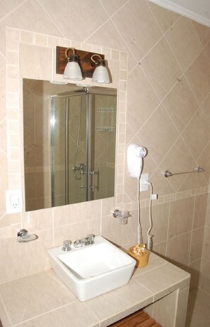 Een douche, een regendouche, gratis toiletartikelen, een haardroger