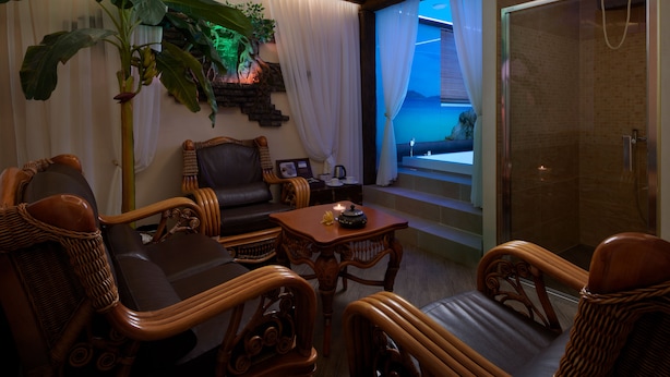 A room with wicker furniture, a large plant, a view of the sea, and a glass-enclosed shower. - Honour and Grace Hotel (Ostrov)