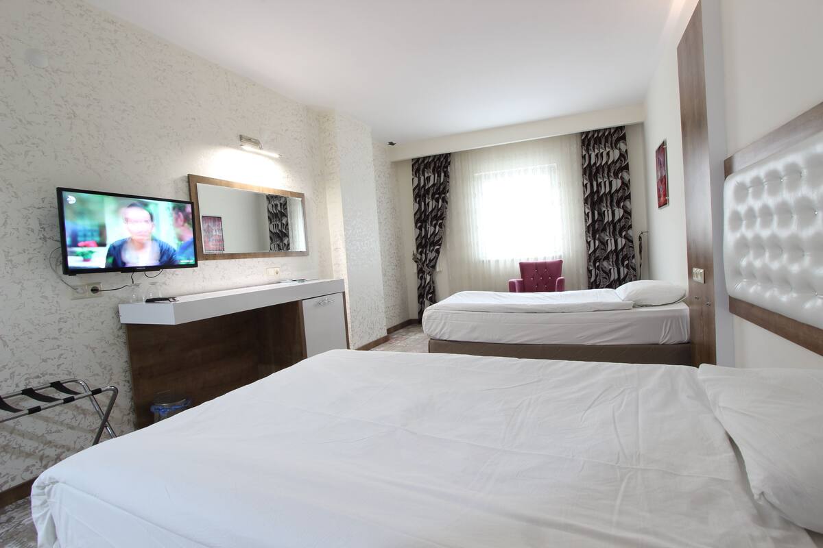 Ein Hotelzimmer mit zwei Betten, einem Fernseher, einem Spiegel, einem Fenster mit Vorhängen und einer Wandleuchte.