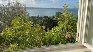 A room with a view of the sea through a window, a grey sofa, and a white wall. - Apartments Natasa (Starigrad)