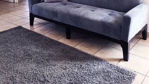 A grey sofa with a cushion, a dark rug, and a large mirror on the wall. - Boulevard Park IV 207 - This is Puerto Rico (Mayagüez Pueblo)