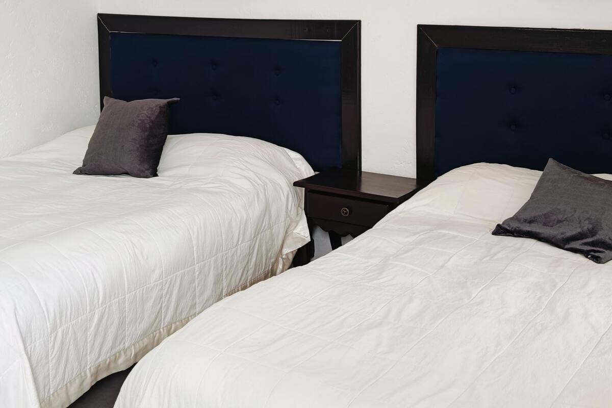 Twee eenpersoonsbedden met donkere hoofdborden en witte beddengoed in een hotelkamer.