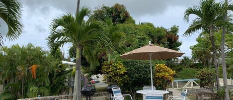 An outdoor patio with a round table and chairs, a large umbrella, and a barbecue grill.