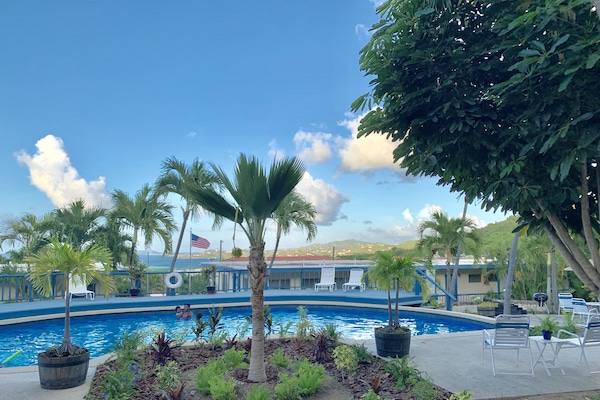 Well maintained and nicely decorated pool area