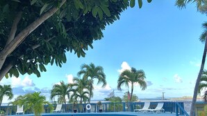 A swimming pool with lounge chairs and palm trees. - Condo with King Size Bed, near Downtown, with Ocean Views, AC, and Secured. (Christiansted)